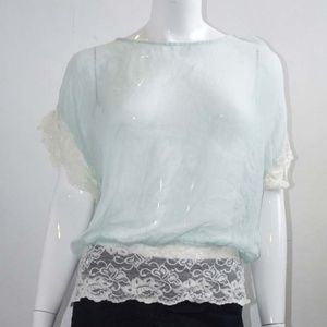 Pale Blue & White Lace Short Sleeved Blouse - XL